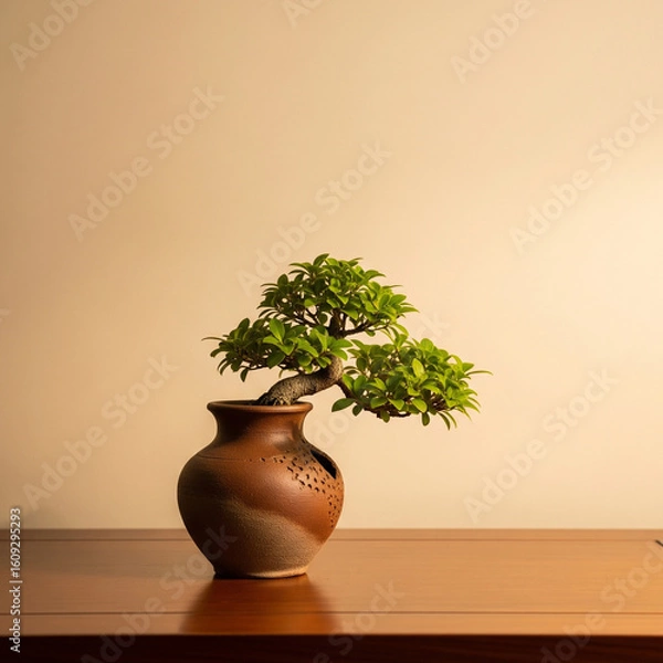 Fototapeta A small bonsai tree in a rustic vase on a polished wooden table, with a painted beige wall in the minimal background. The scene is lit by warm, incandescent light, highlighting the natural textures.