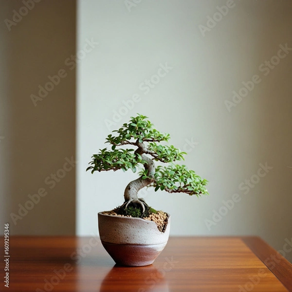 Fototapeta A small bonsai tree in a rustic vase on a polished wooden table, with a minimal light wall in the minimal home background