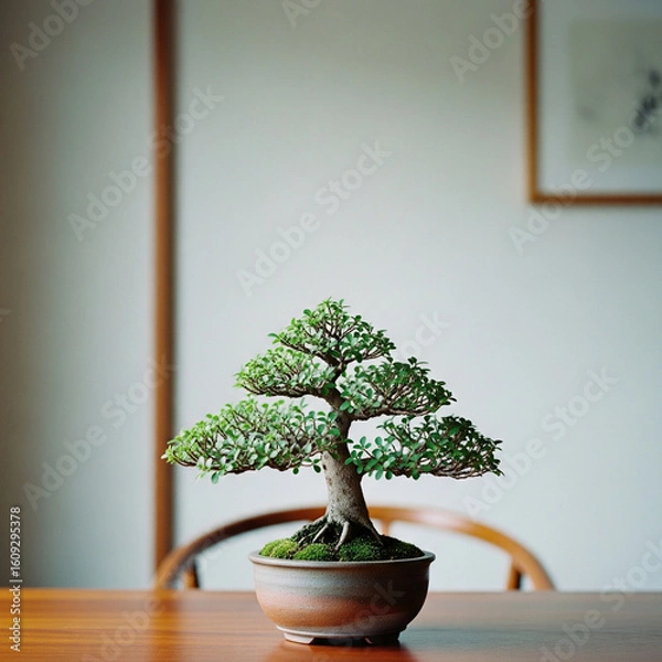 Fototapeta A small bonsai tree in a rustic vase on a polished wooden table, with a minimal light wall in the minimal home background