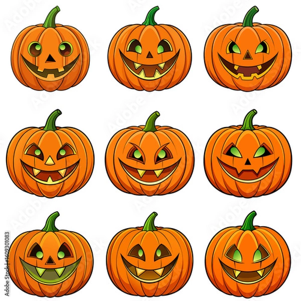 Fototapeta Set of nine carved orange jack-o'-lantern pumpkins with glowing eyes