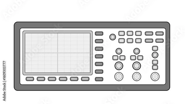 Fototapeta Line drawing showing an oscilloscope with a screen, control buttons, and BNC connections