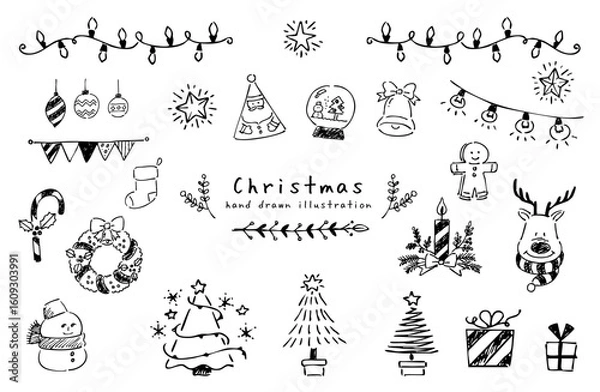 Obraz 手描きのクリスマスイラストセット　モノクロ