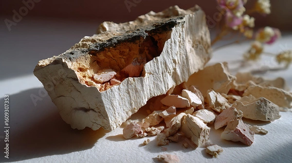 Fototapeta Fractured Clay Shard on Recycled Paper in Warm Beige Tone Close-Up View of Natural Texture Artistic Photography
