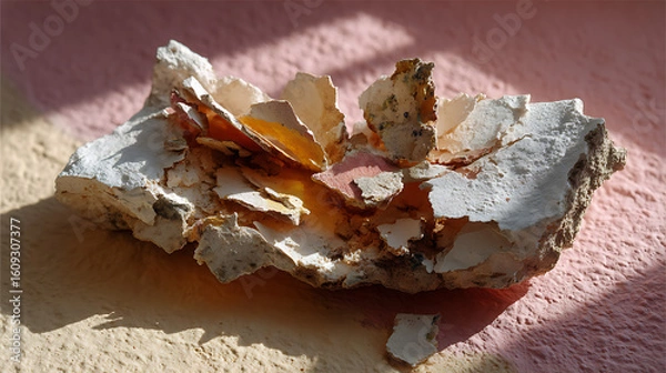 Fototapeta Fractured Clay Shard on Recycled Paper Warm Beige Background Artistic Photography Natural Texture Close-Up Abstract Concepts
