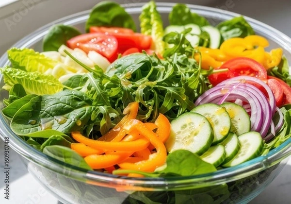 Fototapeta A fresh, colorful mixed salad in a clear glass bowl, featuring various vibrant vegetables.