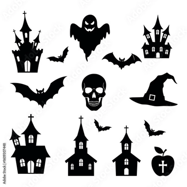 Obraz Halloween Silhouette Vector Set Spooky Castles Bats Ghosts & Skulls