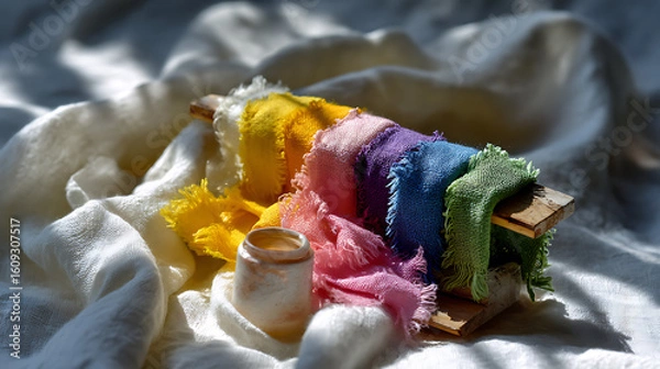 Fototapeta Handdyed Linen Fabric Collection Studio Setup Flatlay Photography Warm Natural Lighting Artistic Perspective Colorful Textures