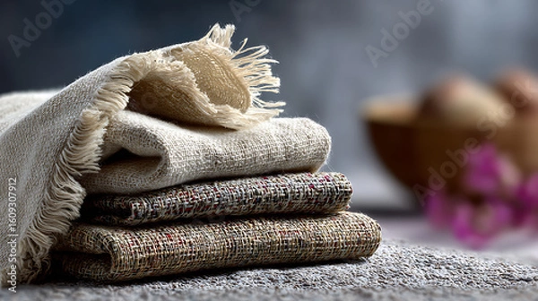 Fototapeta Crafting Elegance Macro Shot of Folded Linen and Handwoven Fabric Rustic Studio Textile Photography Cozy Atmosphere Close-up View