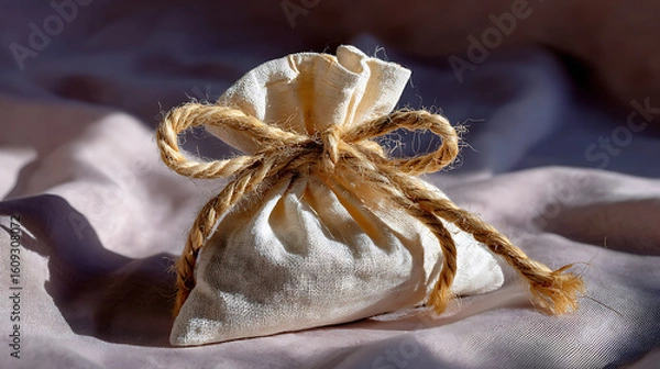 Fototapeta Artisanal Hemp String Tied Around Natural Linen Pouch Rustic Setting Product Photography Soft Lighting Close-Up View Handmade Craft