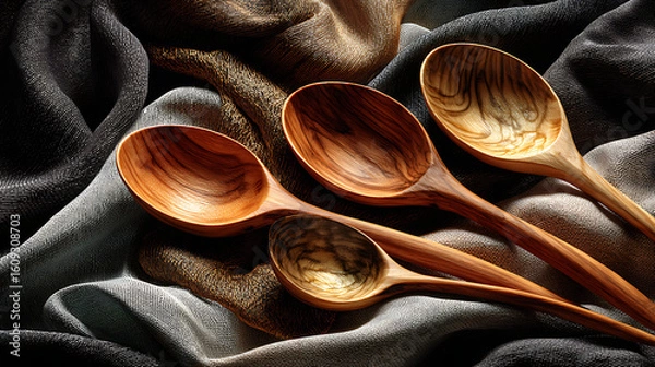 Fototapeta Natural Wooden Spoons Displayed on Soft Linen Napkin Rustic Kitchen Setting Still Life Warm Tones Close-Up View