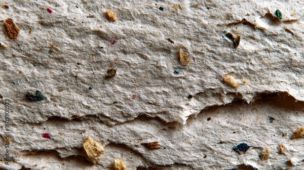 Fototapeta Recycled Paper Sheet with Visible Fiber Specks Workshop Texture Details Industrial Environment Close-up View Eco-Friendly Concept