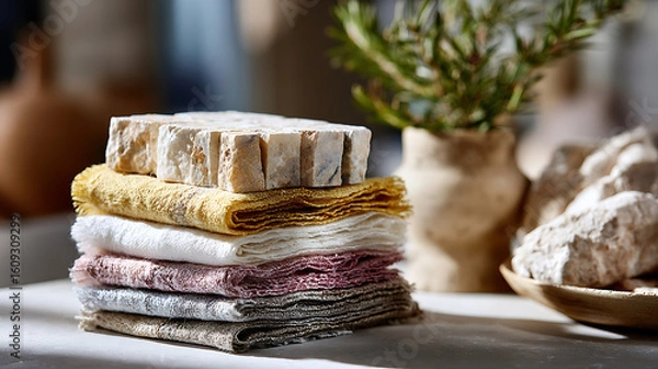 Fototapeta Elegant Stone Tile and Linen Napkin Arrangement Modern Kitchen Setting Still Life Photography Bright and Airy Environment Close-up View Home Decor Concept