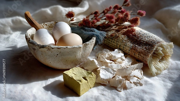 Fototapeta Wabi-Sabi Aesthetic Flatlay of Recycled Ceramics and Natural Elements Cozy Home Setting Still Life Composition Artistic Perspective