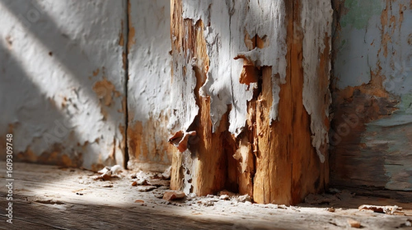 Fototapeta Weathered Wooden Surface with Peeling Fibers Urban Environment Macro Photography Natural Textures Detailed Viewpoint