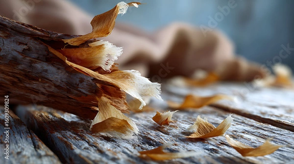 Fototapeta Weathered Wooden Surface with Peeling Fibers Close-Up Natural Texture Rustic Environment Detailed View Decorative Concept