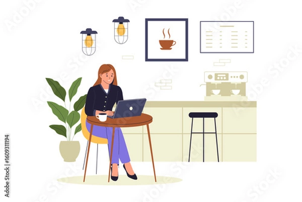 Fototapeta Freelancer Woman Working from Cafe with Laptop. Coffee Shop Workspace Illustration. Illustrations for websites, landing pages, mobile apps, posters and banners