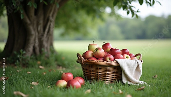 Obraz A wicker basket filled with red apples sits on green grass under a tree. The scene is peaceful and represents harvest time in nature.