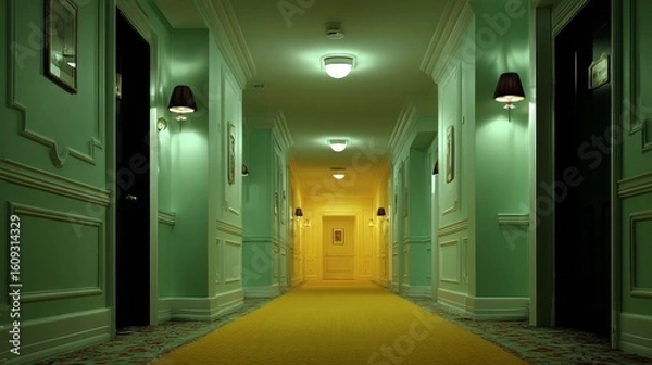 Obraz Endless liminal hallway with yellow and swampy green carpet, infinite black doors lining both sides, creating a mysterious cinematic atmosphere with surreal and haunting endless perspective