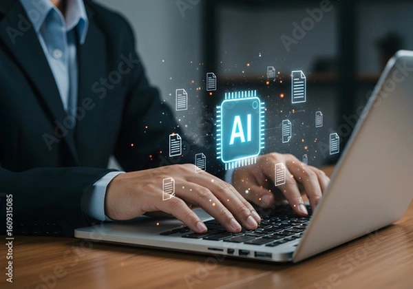 Fototapeta Person using a laptop with a glowing AI processor chip and checkmark icons, symbolizing artificial intelligence development and successful integration.