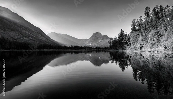 Fototapeta a serene monochrome landscape of mountains reflected in a calm lake