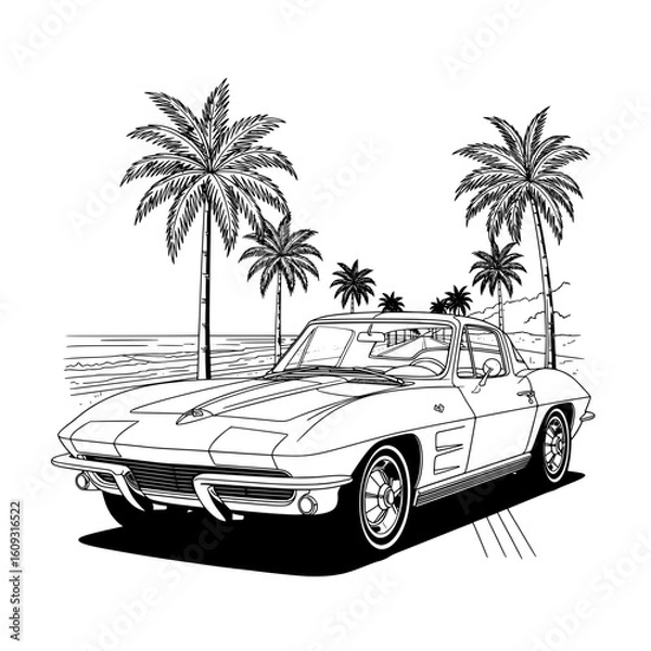 Fototapeta Classic American muscle car cruises along a scenic tropical beach with lush palm trees and ocean waves creating a perfect summer vibe for retro automotive advertising and lifestyle content.