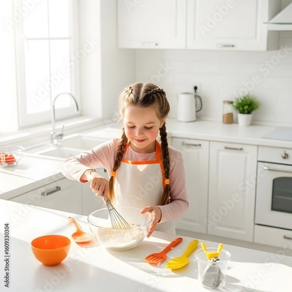 Obraz A young girl in a kitchen mixing ingredients, smiling while baking.