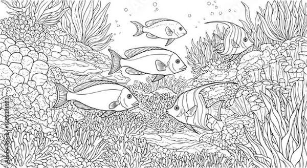 Fototapeta Fish swim near coral reef, with plants in the background, for coloring book, art, EPS Vector.