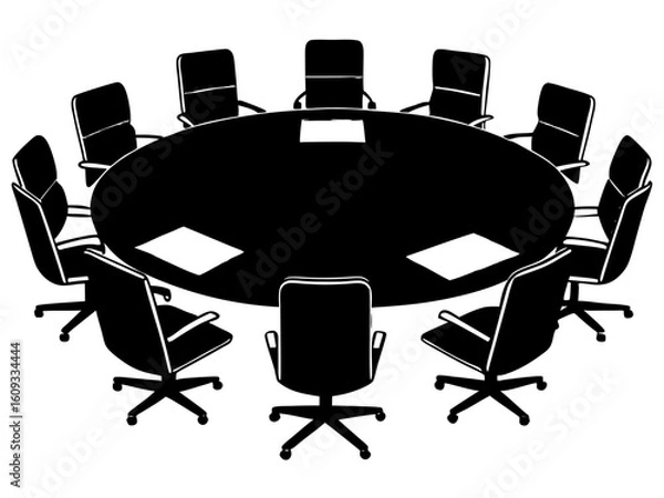 Obraz Conference round table meeting room furniture silhouette vector illustration