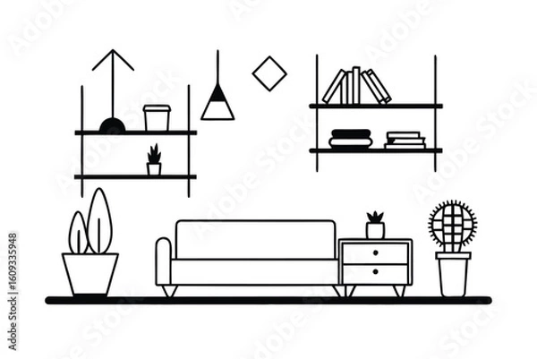 Fototapeta Stylish Living Room With Floating Shelves And Minimal Decor