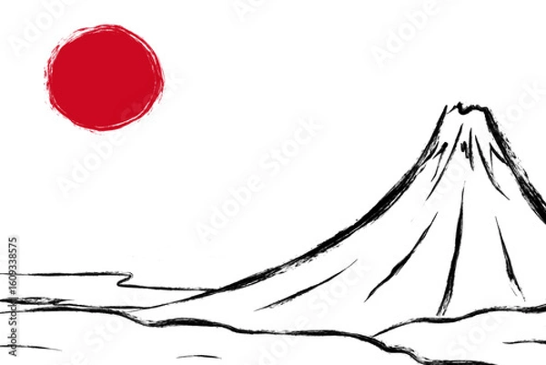 Fototapeta 筆で描かれた日の丸のベクターデザイン。赤い円をブラシ風にアレンジした和風テイストのイラスト。白背景に独立したシンプルな構成｜日本,日の丸,筆,ブラシ,和風