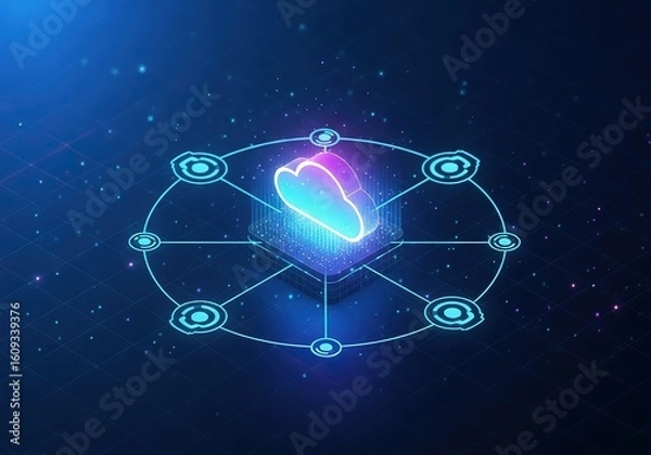 Fototapeta Futuristic neon orb network with glowing center and connected nodes in deep space