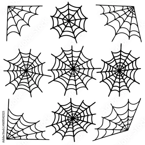 Fototapeta Set of nine black spider web silhouettes in various shapes for Halloween