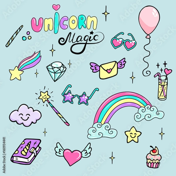 Obraz Set of hand drawn illustrations of a magic wand, diamond, rainbow and other magic attributes. Lettering Unicorn, Magic