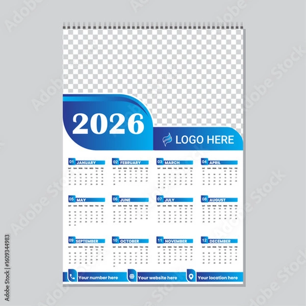 Fototapeta Modern style blue color Calendar design for 2026.
