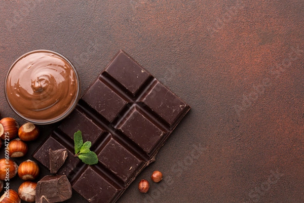 Fototapeta chocolate cocoa and various chocolatey dessert with black background 