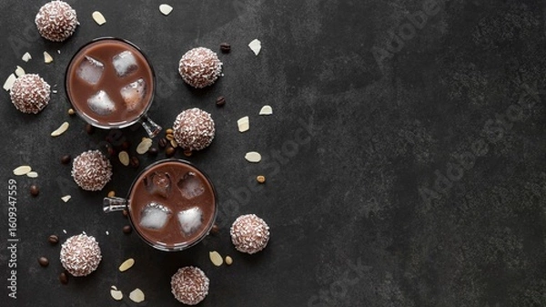 Fototapeta chocolate cocoa and various chocolatey dessert with black background 