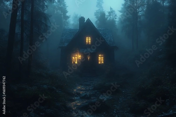 Fototapeta Dark forest cabin with glowing windows and misty atmosphere house woods