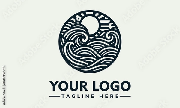 Obraz Circular graphic design logo featuring stylized ocean waves and sun.