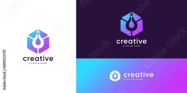 Obraz Abstract silhouette of light bulb in geometric hexagonal cube logo design vector icon inspiration.
