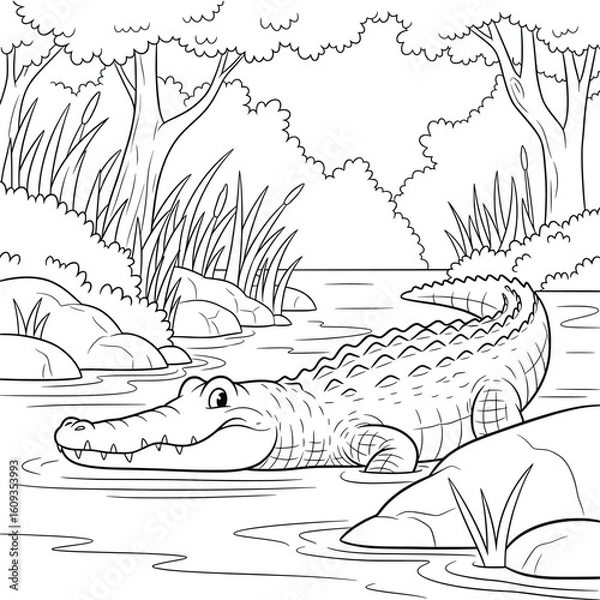 Obraz Cartoon Crocodile Swimming in Jungle River — Cute Wildlife Animal Coloring Page for Kids, Black and White Line Art Forest Illustration