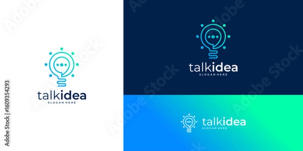 Fototapeta Speech bubble with light bulb logo design ideas. Abstract vector lines communication based icon template.
