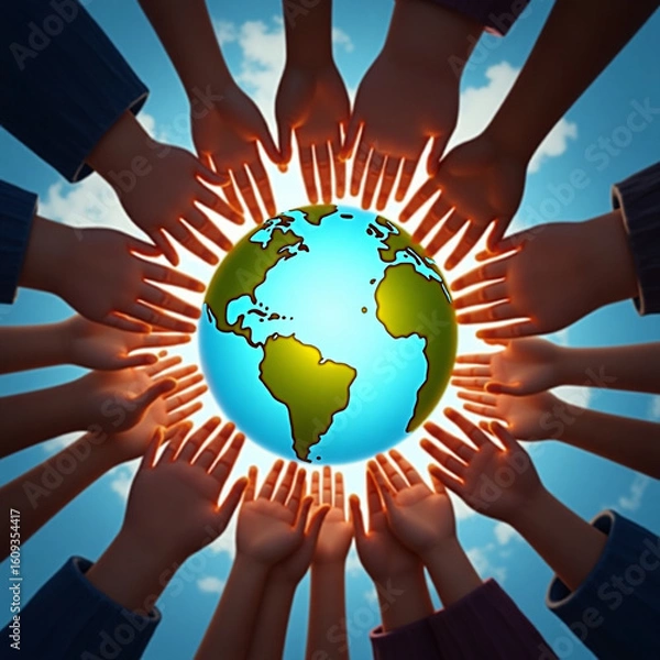 Fototapeta Hands encircling the Earth, representing global unity, environmental protection, and international collaboration for a better future, inspiring hope