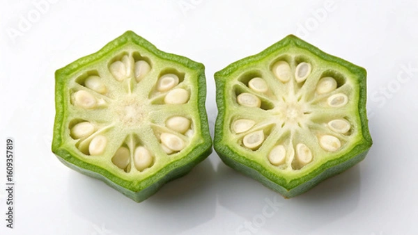 Fototapeta Close up of okra cut in half showcasing seeds and healthy green vegetable