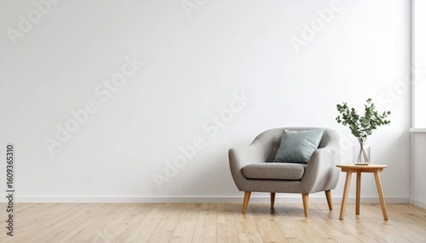 Fototapeta A minimalist living space features a modern gray armchair with a cushion, next to a small wooden side table holding a glass vase with green foliage.