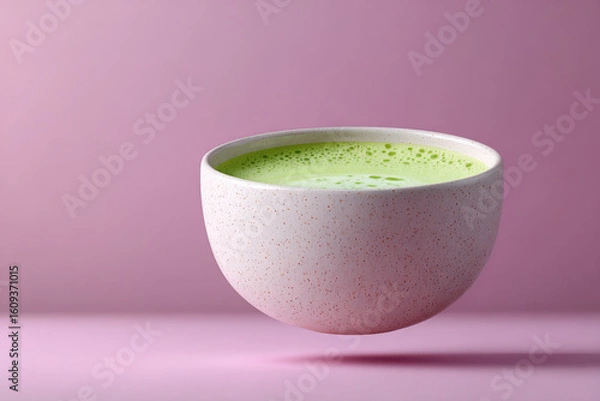Obraz Matcha latte floating in a ceramic bowl on pink background