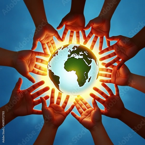 Fototapeta Hands reaching towards a glowing Earth, symbolizing global unity, community, and environmental protection for impactful visuals and marketing campaigns