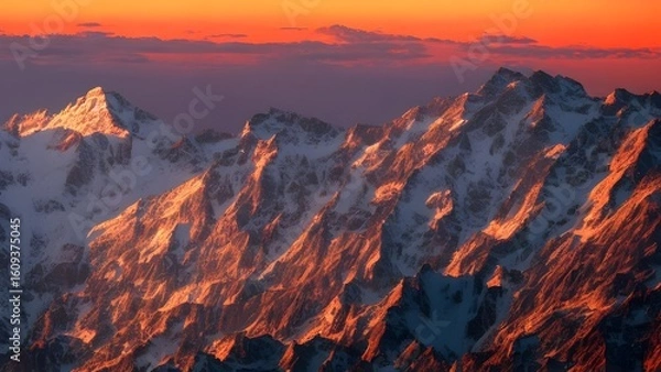Fototapeta An orange and red evening sky with clouds over a mountain peak at dusk