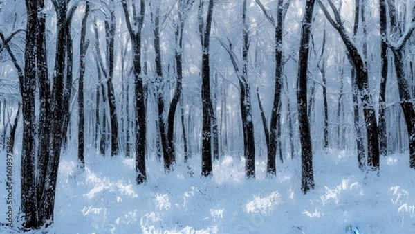 Fototapeta White winter forest scene with icy trees and a frozen path