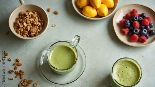 Obraz Matcha Latte with Fruit and Nuts on Pastel Table

