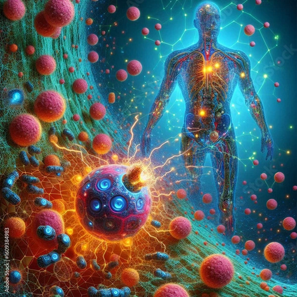 Fototapeta An AI-powered nanobot swarm repairing damaged cells inside a human body, microscopic view with vibrant colors